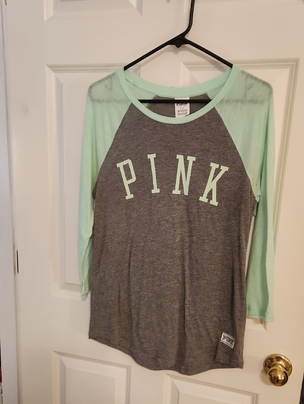 PINK Victoria's Secret Mint and Gray Raglan Long-Sleeve Tee